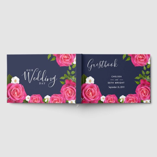 Midnight Blue en roze Rose Wedding Gastenboek (Volledig)