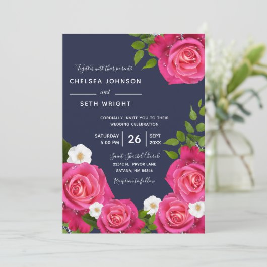 Midnight Blue en roze Rose Wedding Kaart (Staand voorkant)