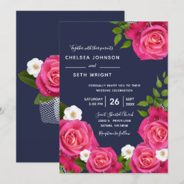 Midnight Blue en roze Rose Wedding Kaart