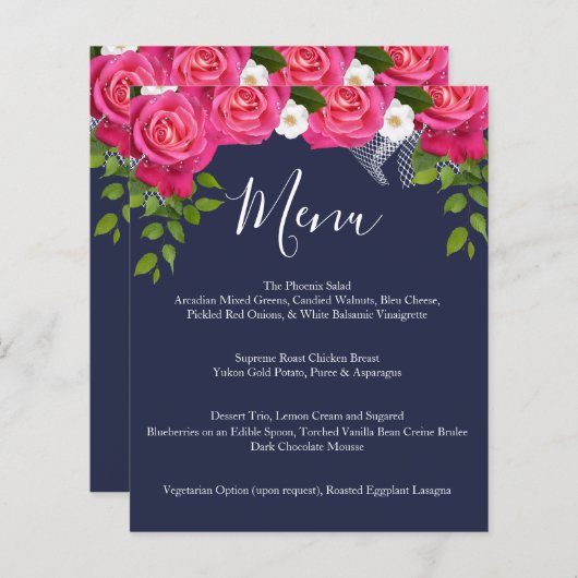 Midnight Blue en roze Rose Wedding - Menu (Voorkant / Achterkant)