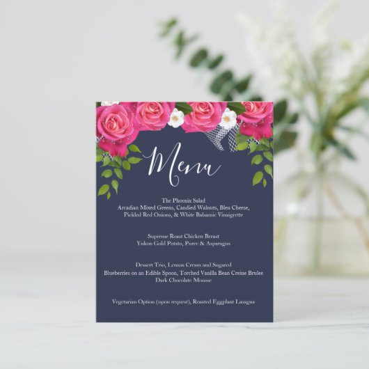 Midnight Blue en roze Rose Wedding - Menu (Staand voorkant)
