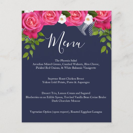 Midnight Blue en roze Rose Wedding - Menu (Voorkant)
