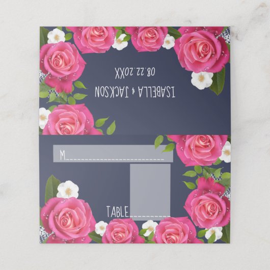 Midnight Blue en roze Rose Wedding Plaatskaartje (Buitenkant ongevouwen)