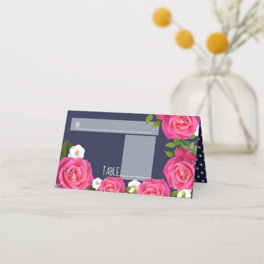 Midnight Blue en roze Rose Wedding Plaatskaartje (Voorkant)