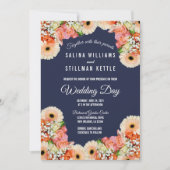 Midnight Blue en Sinaasappel Bloemen Huwelijk Kaart (Voorkant)