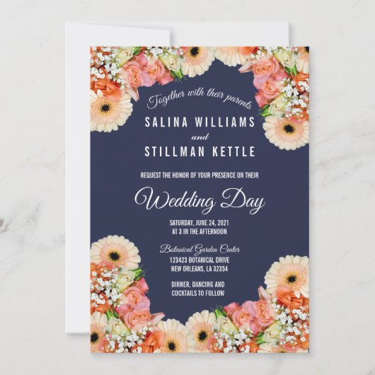 Midnight Blue en Sinaasappel Bloemen Huwelijk Kaart (Voorkant)