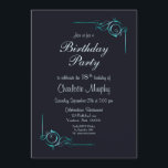 Midnight Blue en Turquoise 18th Birthday Party Kaart<br><div class="desc">Een elegant diep middernacht blauw 18e verjaardag partijuitnodiging met turkooise  floral leaf die hoeken om de uitnodigingsdetails te lijsten in het leven riep.</div>