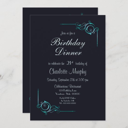 Midnight Blue en Turquoise 21st Birthday Dinner Kaart (Voorkant / Achterkant)