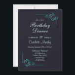 Midnight Blue en Turquoise 21st Birthday Dinner Kaart<br><div class="desc">Een elegant diep-middernacht-blauw 21e verjaardagsdiner met turkooise  bloemblad dat hoeken in de war bracht om de uitnodigingsdetails te lijsten.</div>