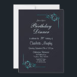 Midnight Blue en Turquoise 21st Birthday Dinner Kaart<br><div class="desc">Een elegant diep-middernacht-blauw 21e verjaardagsdiner met turkooise  bloemblad dat hoeken in de war bracht om de uitnodigingsdetails te lijsten.</div>