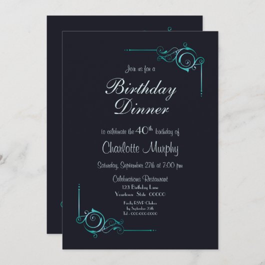 Midnight Blue en Turquoise 40th Birthday Dinner Kaart (Voorkant / Achterkant)