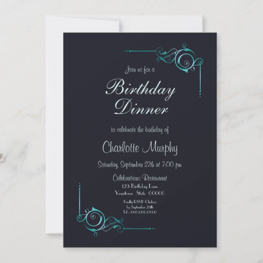 Midnight Blue en Turquoise Birthday Dinner Invite Kaart (Voorkant)