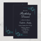 Midnight Blue en Turquoise Birthday Dinner Invite Kaart (Voorkant / Achterkant)