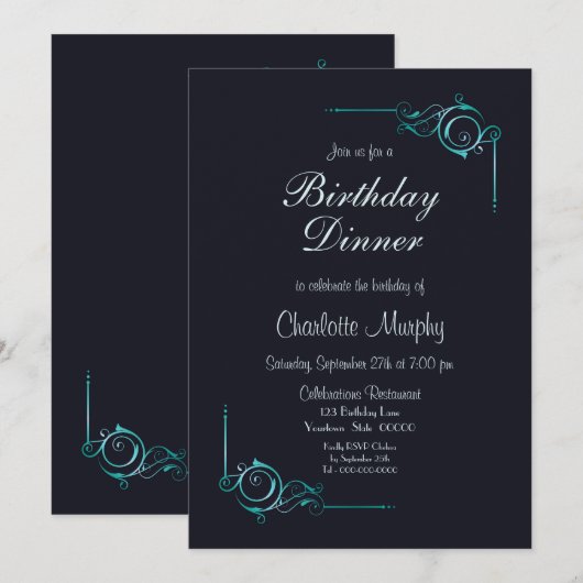 Midnight Blue en Turquoise Birthday Dinner Invite Kaart (Voorkant / Achterkant)
