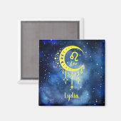 Midnight Blue en Yellow Custom Name Leo Magnet (Voorkant / Achterkant)