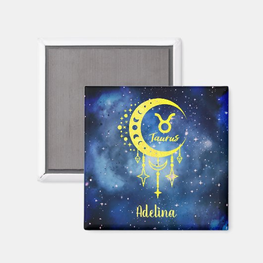 Midnight Blue en Yellow Custom Name Taurus Magnet (Voorkant / Achterkant)