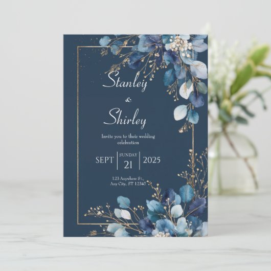 Midnight Blue Eucalyptus Wedding Kaart (Staand voorkant)