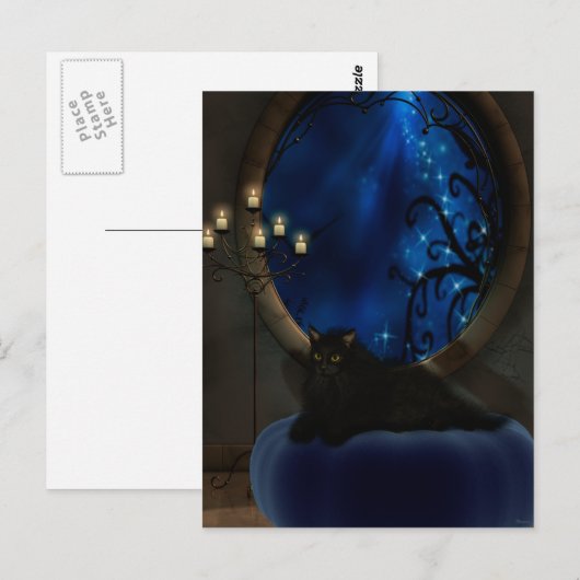 Midnight Blue Fantasy Cat Art Briefkaart (Voorkant / Achterkant)