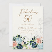 Midnight Blue Floral 50ste verjaardag uitnodiging (Voorkant)