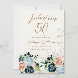 Midnight Blue Floral 50ste verjaardag uitnodiging