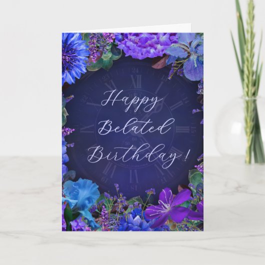 Midnight Blue Floral Belated Birthday Card Kaart (Voorkant)