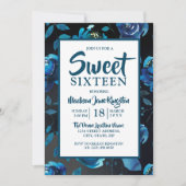 Midnight Blue Floral Black Elegant Sweet 16 Invite Kaart (Voorkant)