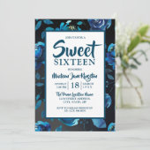 Midnight Blue Floral Black Elegant Sweet 16 Invite Kaart (Staand voorkant)