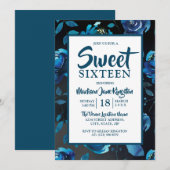 Midnight Blue Floral Black Elegant Sweet 16 Invite Kaart (Voorkant / Achterkant)