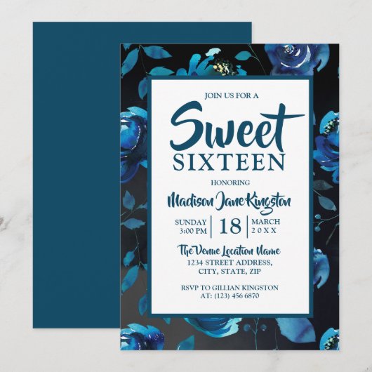 Midnight Blue Floral Black Elegant Sweet 16 Invite Kaart (Voorkant / Achterkant)