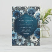 Midnight Blue Floral Bloom Wedding Kaart (Staand voorkant)