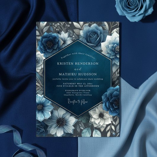 Midnight Blue Floral Bloom Wedding Kaart