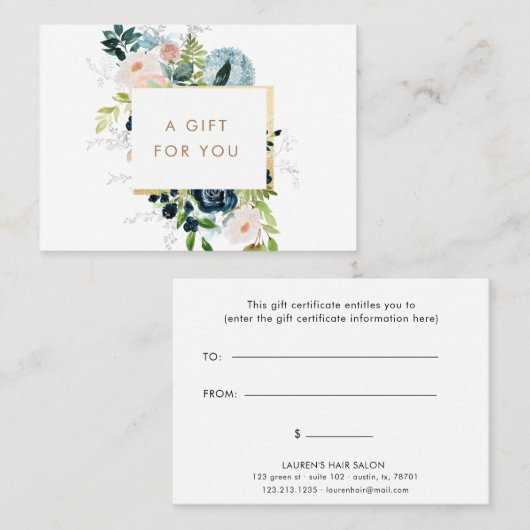 Midnight Blue Floral Gold Border Cadeaubon Visitekaartje (Voorkant / Achterkant)