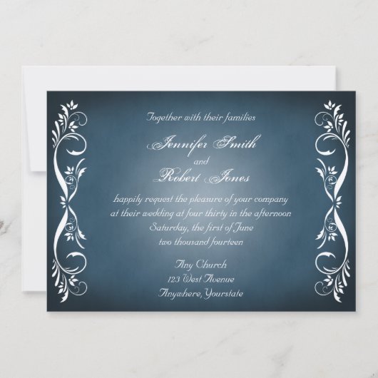Midnight Blue Floral Posh Wedding Invitation Kaart (Voorkant)