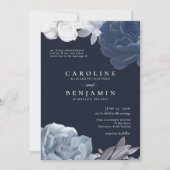 Midnight Blue Floral Silver Leaf Romantic Wedding Kaart (Voorkant)