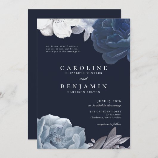 Midnight Blue Floral Silver Leaf Romantic Wedding Kaart (Voorkant / Achterkant)