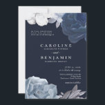 Midnight Blue Floral Silver Leaf Romantic Wedding Kaart<br><div class="desc">Midnight Blue Floral Silver Leaf Romantic Wedding Invitation</div>