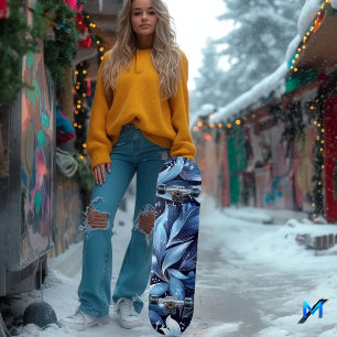 Midnight Blue Floral Skateboard met Abstract Leaf