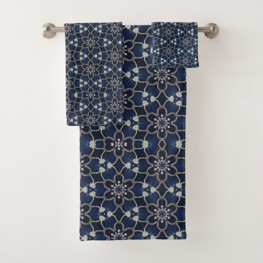 Midnight Blue Flowers Patroon Bad Handdoek (Insitu)