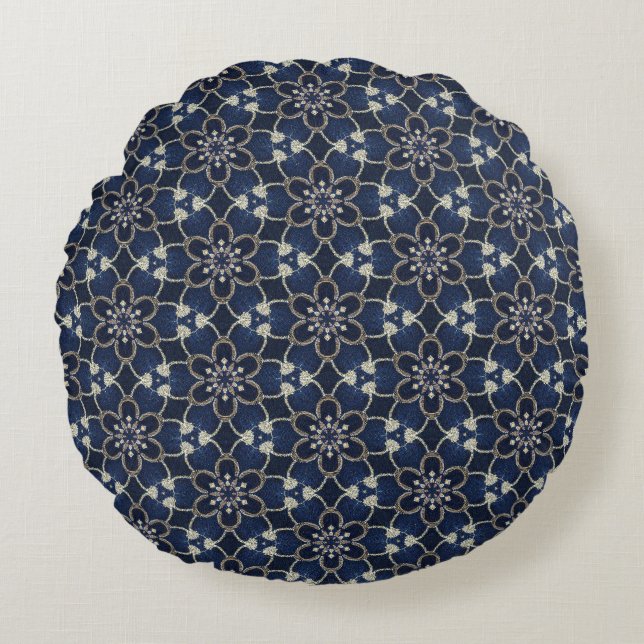 Midnight Blue Flowers Pattern Round Pillow Rond Kussen (Voorkant)