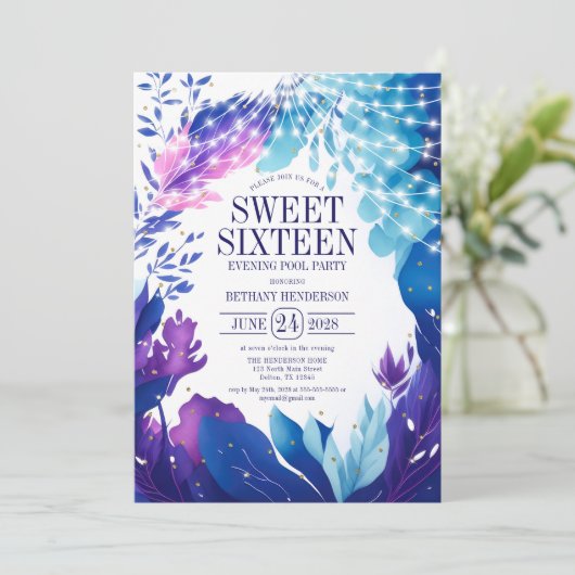 Midnight Blue Foliage Evening Pool Party Sweet 16 Kaart (Staand voorkant)