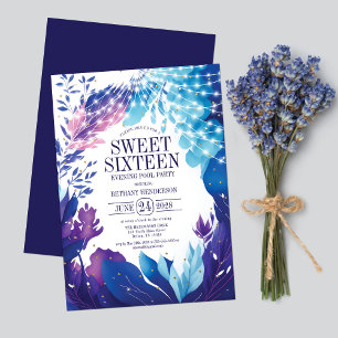 Midnight Blue Foliage Evening Pool Party Sweet 16 Kaart