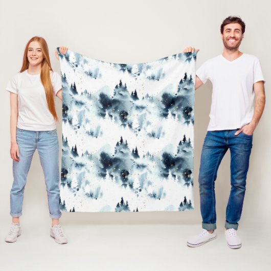 Midnight Blue Forest Waterverf Fleece Deken (In situ)