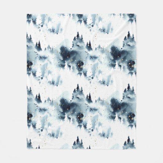 Midnight Blue Forest Waterverf Fleece Deken (Voorkant)