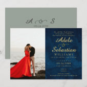 Midnight Blue Foto Modern Monogram Formele Bruilof Kaart (Voorkant / Achterkant)