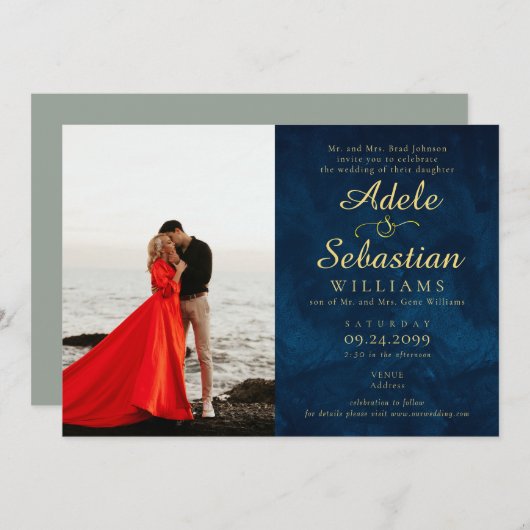Midnight Blue Foto Modern Monogram Formele Bruilof Kaart (Voorkant / Achterkant)