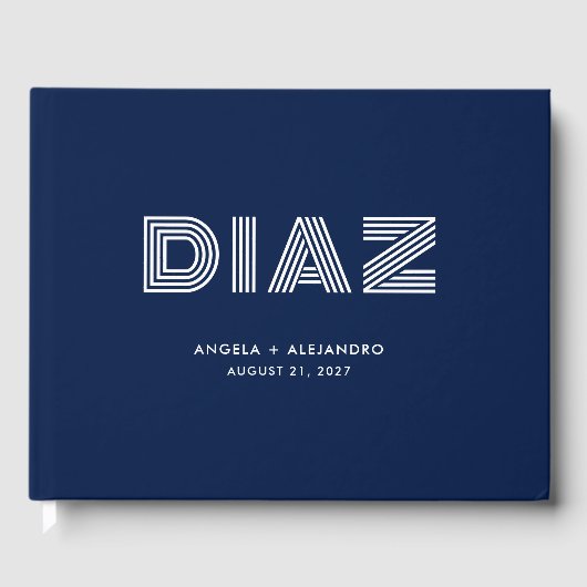Midnight Blue Geometrische Retro Naam Bruiloft Gastenboek (Voorkant)