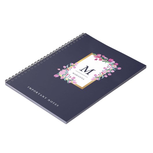 Midnight Blue, Gold en roze Waterverf Flowers Notitieboek (Linkerzijde)
