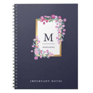 Midnight Blue, Gold en roze Waterverf Flowers Notitieboek