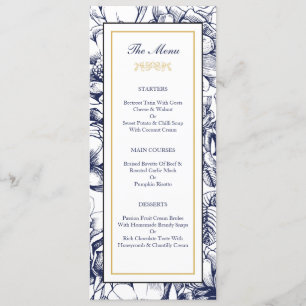Midnight Blue & Gold Floral Weduwemkaart Menu
