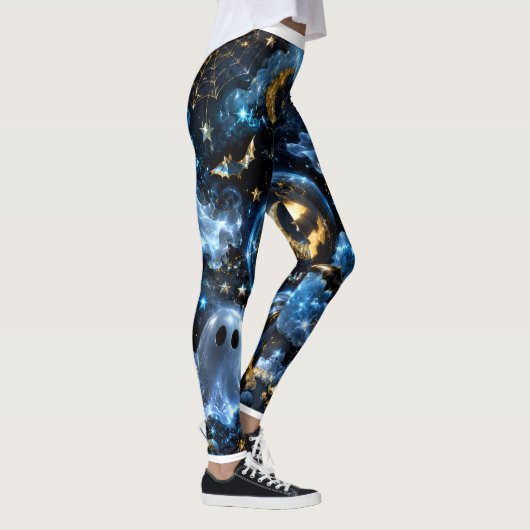 Midnight Blue Gold Ghosts & Pumpkins Halloween Leg Leggings (Rechts)
